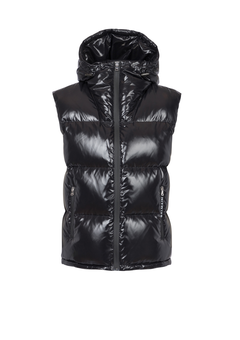 Hooded nylon quilted vest, black, hi-res