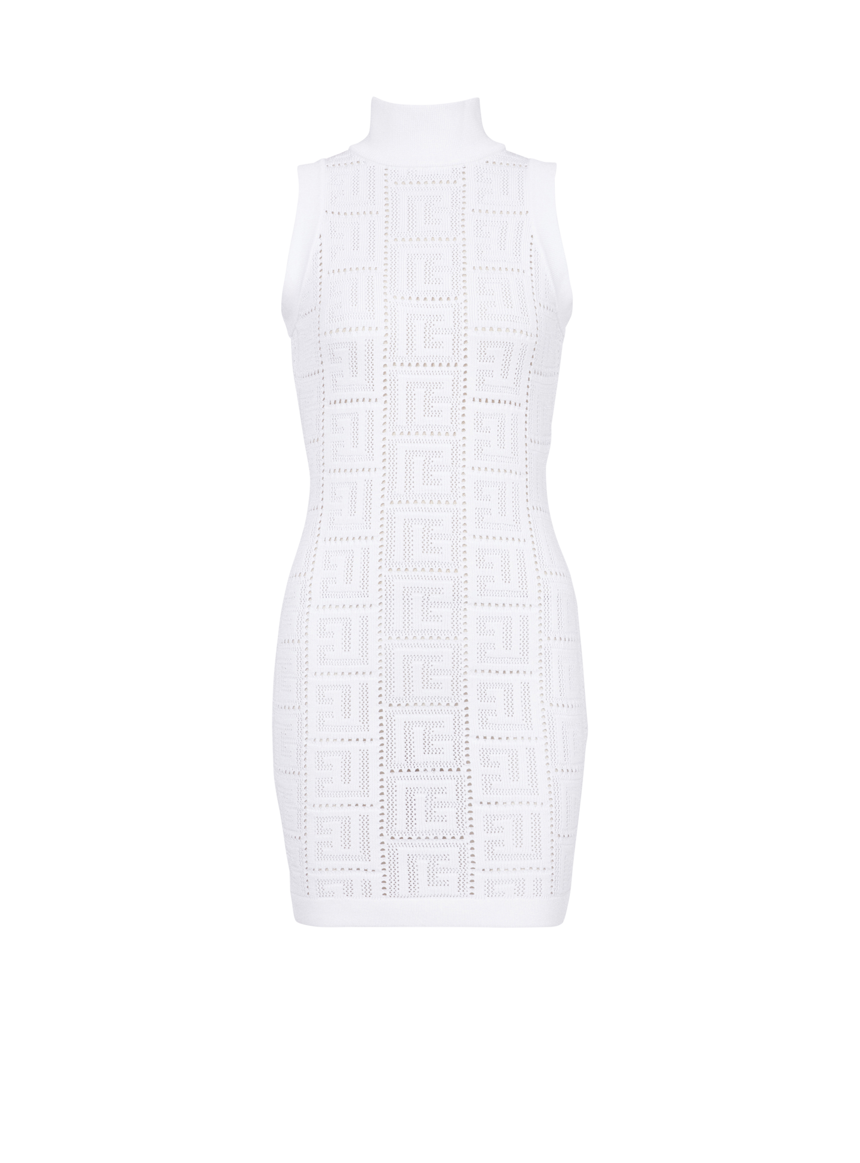 Short eco-designed knit dress with Balmain monogram, white