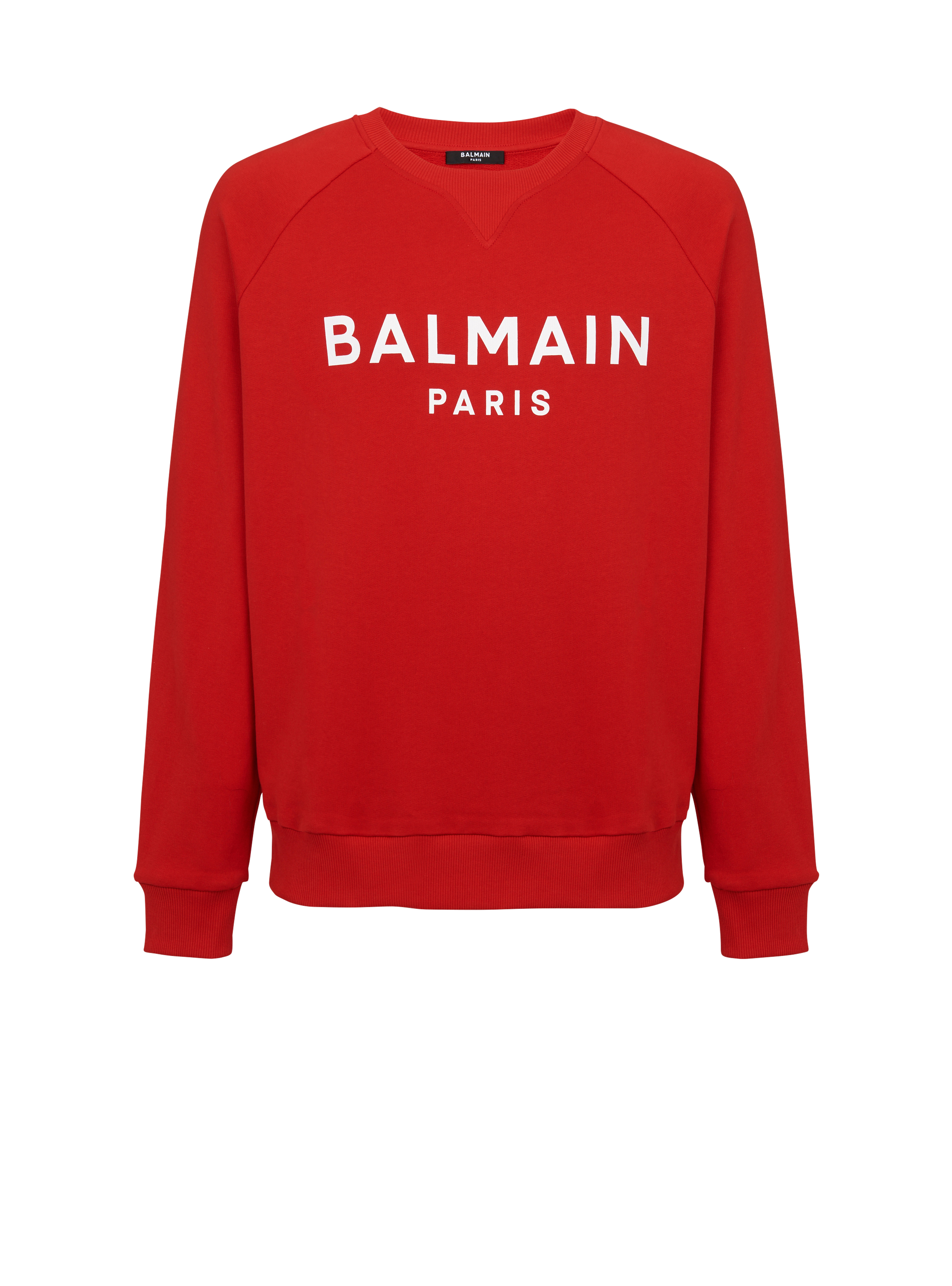 Cotton sweatshirt with flocked Balmain Paris logo, red