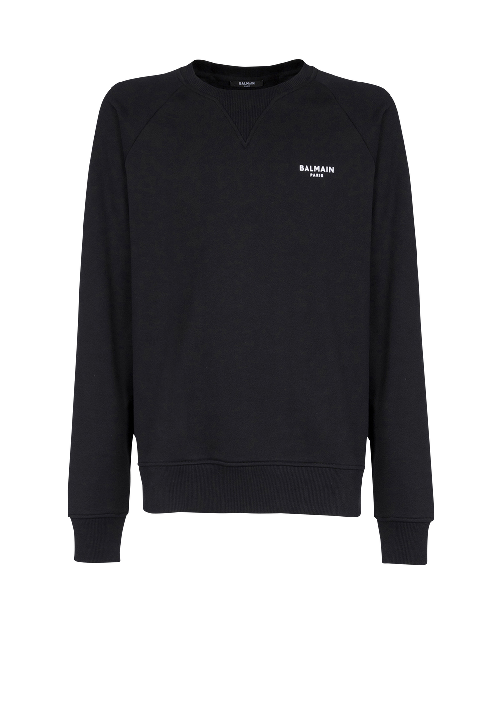 Eco-designed cotton sweatshirt with small flocked Balmain Paris logo, black, hi-res