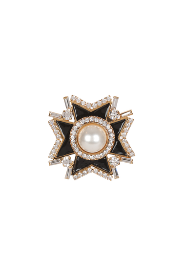 Metal brooch with pearls and rhinestones