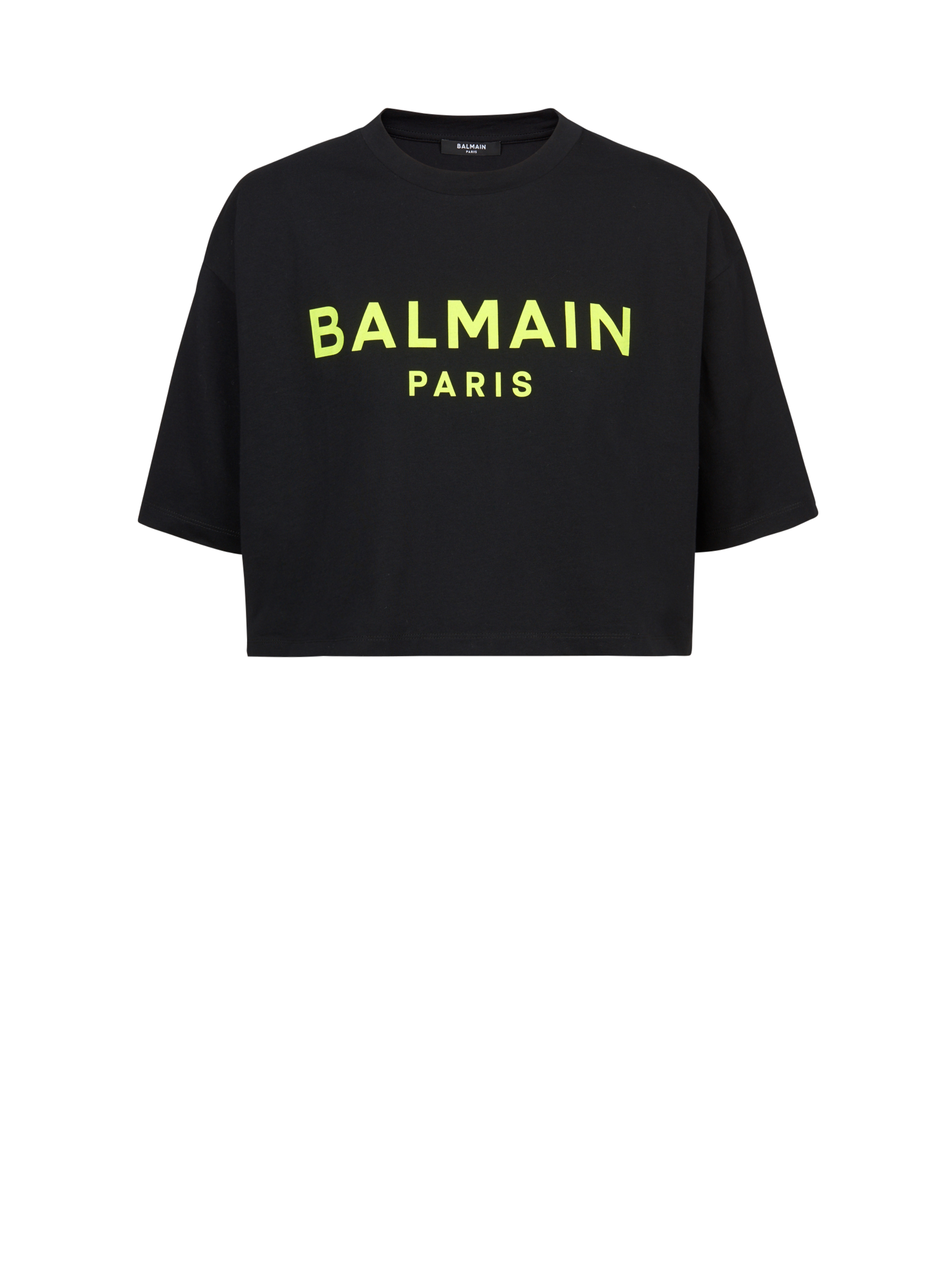 EXCLUSIVE - Cropped cotton T-shirt with Balmain logo print, yellow
