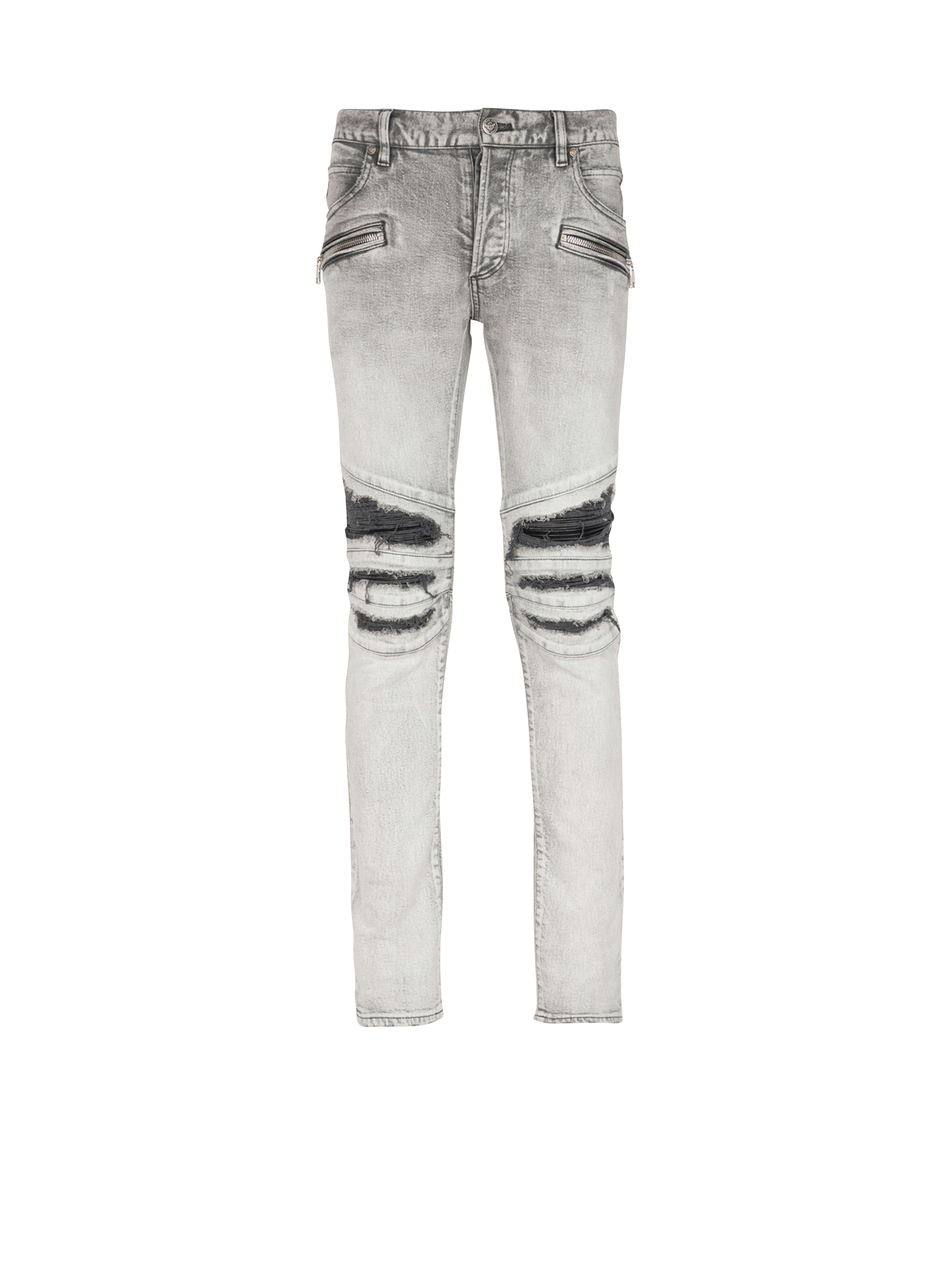 Slim cut ripped cotton jeans with synthetic leather panels, grey